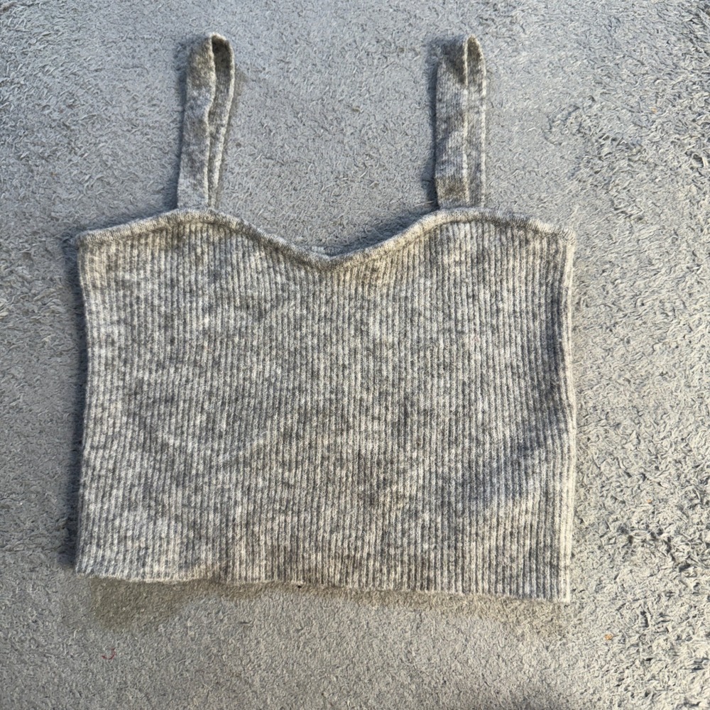 Zara Womens Knit Cami Tank Top Size M Gray Ribbed Wool Camel Blend Sweetheart